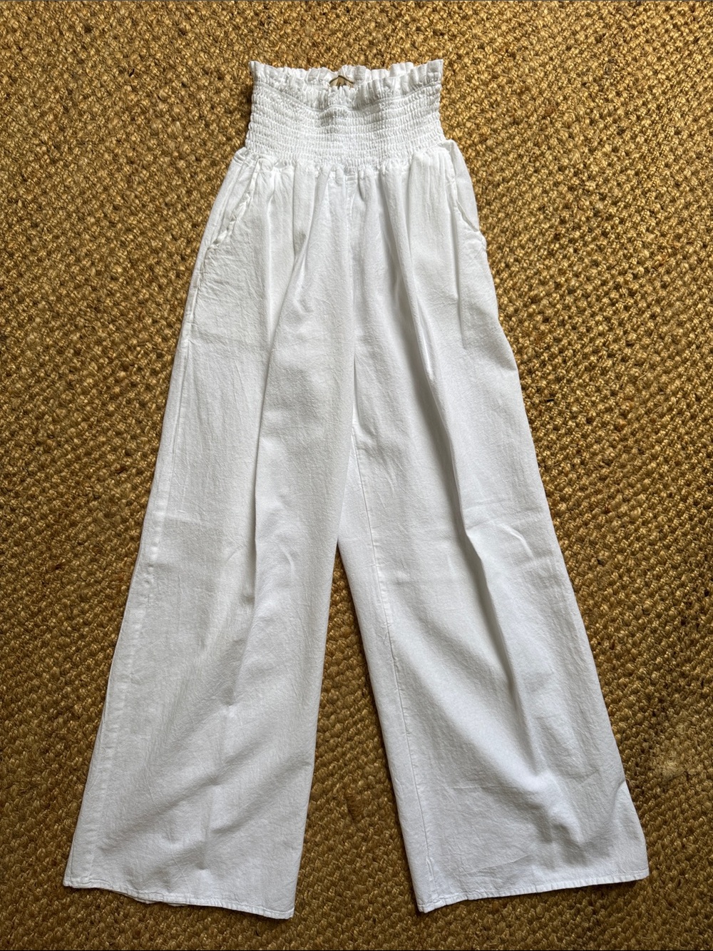 Women's Seaspice Resort Wear “Soleil” White Smocked-Waist Wide-Leg Pants LG